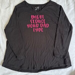 Terra & Sky Womens 3X Black Graphic V-Neck Long Sleeve Tee Might Seduce Your Dad